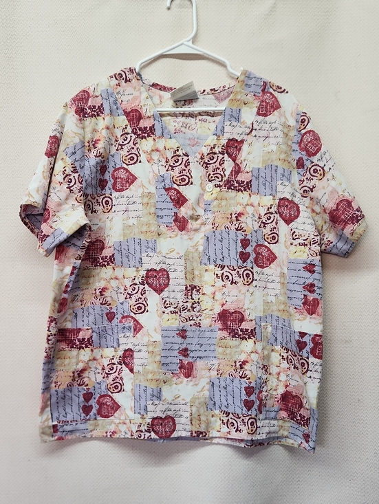 scrub wear Tops - Bwear Patchwork Heart Print V-Neck Tunic in Red, Lavender, Cream